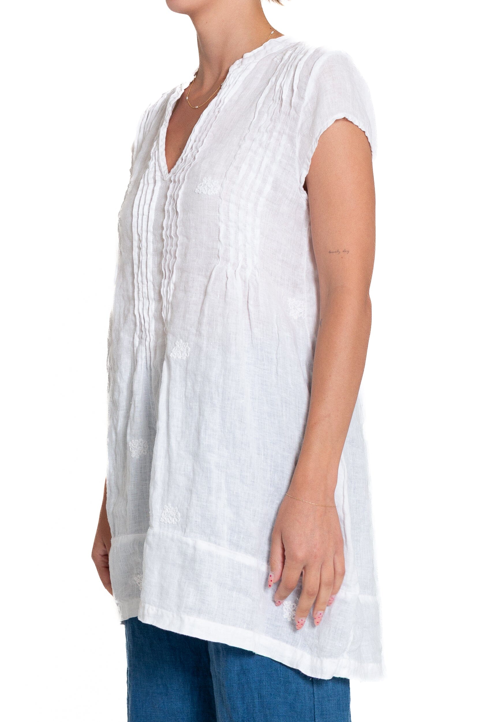 Regina Cap Sleeve - Embroidered Linen S10 - White Linen Tops CP Shades 