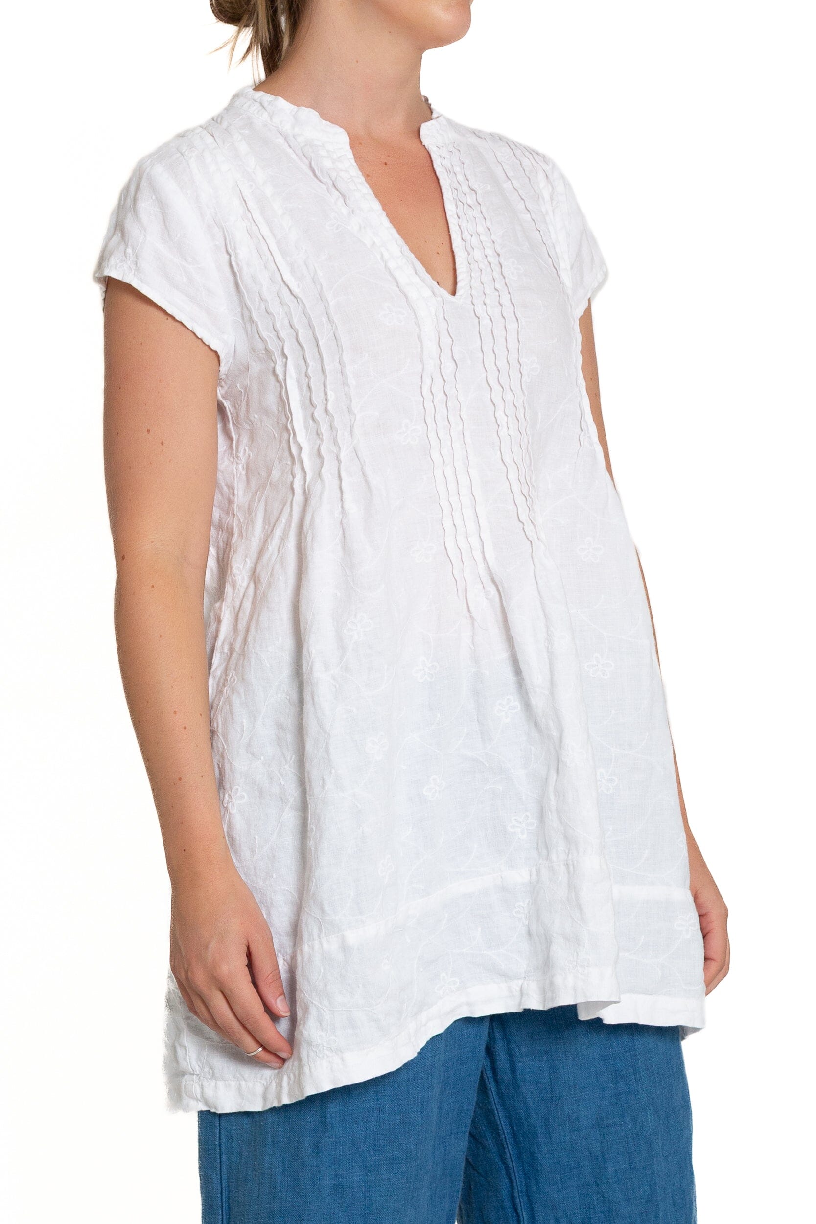 Regina Cap Sleeve - Embroidered Linen S10 - White Linen Tops CP Shades 