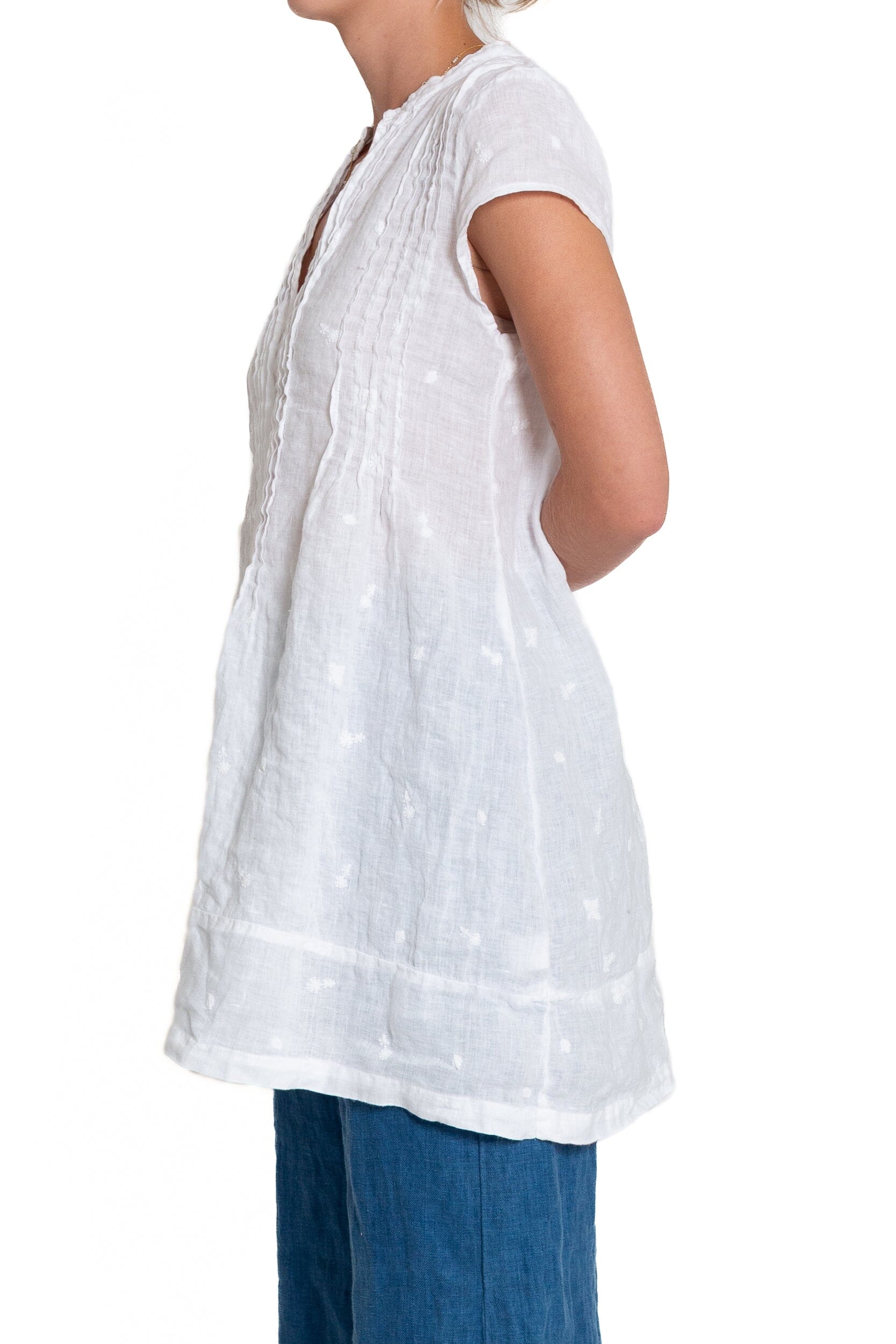 Regina Cap Sleeve - Embroidered Linen S10 - White Linen Tops CP Shades 